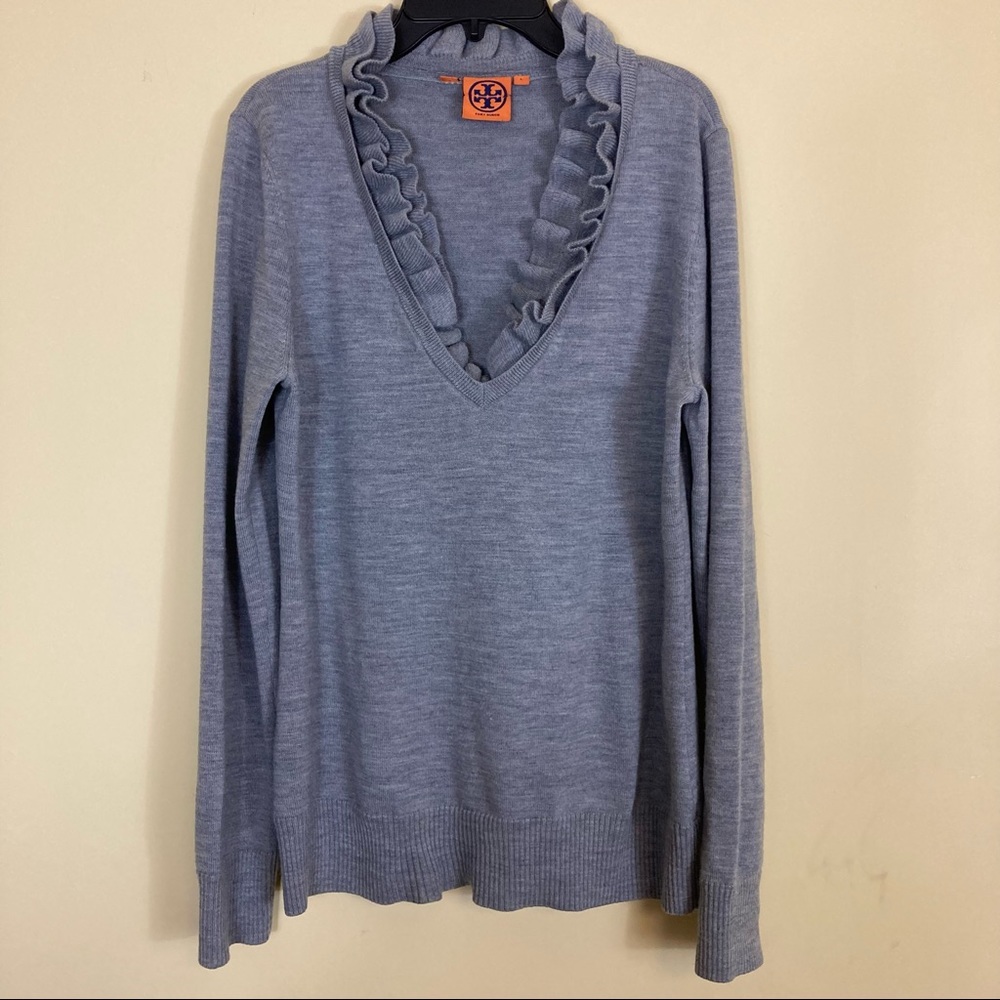 Tory Burch Gray Wool Sweater L Ruffle Accent as is see pictures
